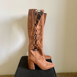 Nasty Gal Tall Camel Suede Lace/Zip Up Boots Sz5